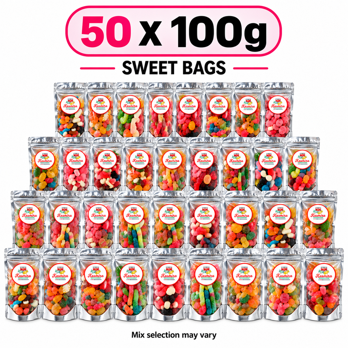 Kasmira Sweets bulk bundle graphic for 50 x 100g sweet bags; mix selection may vary