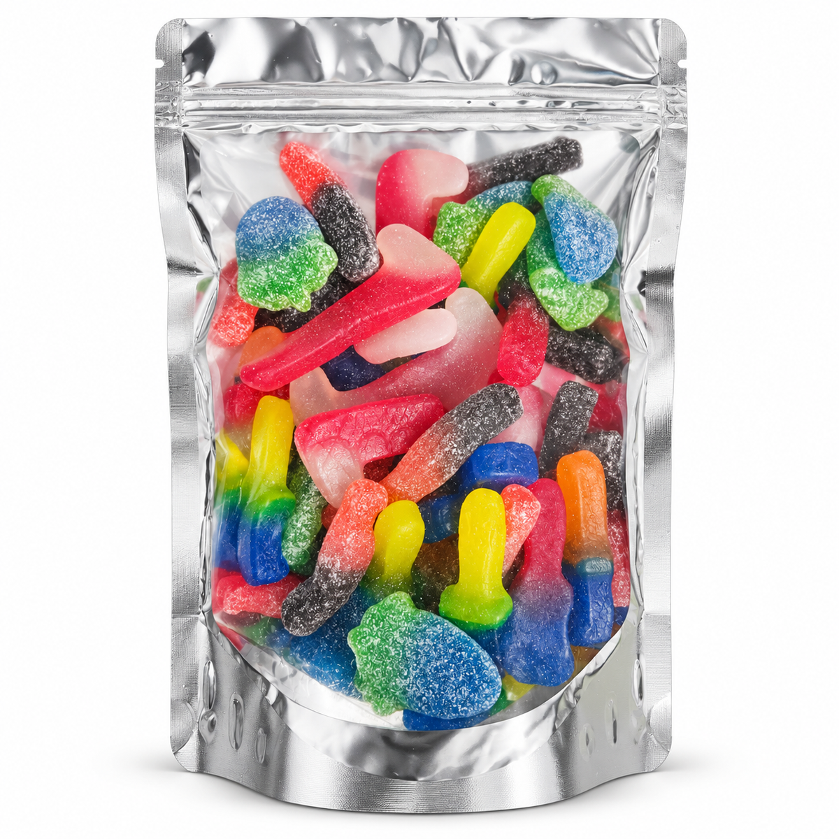 Silver pouch filled with colourful fizzy vegan pick and mix sweets
