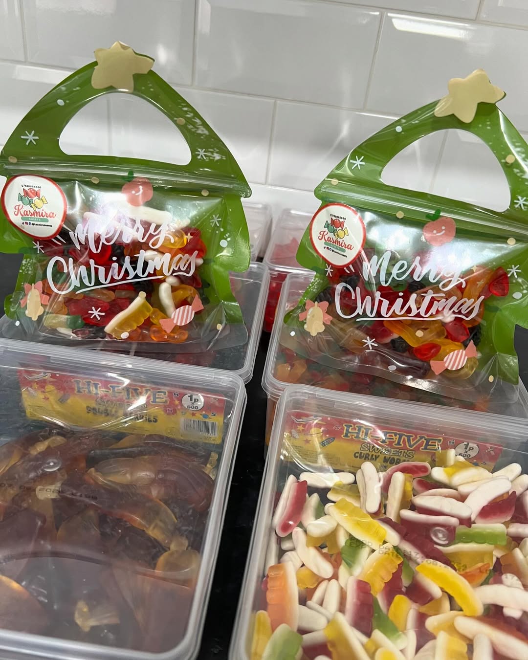 Kasmira Sweets Christmas pick and mix in green festive gift bags