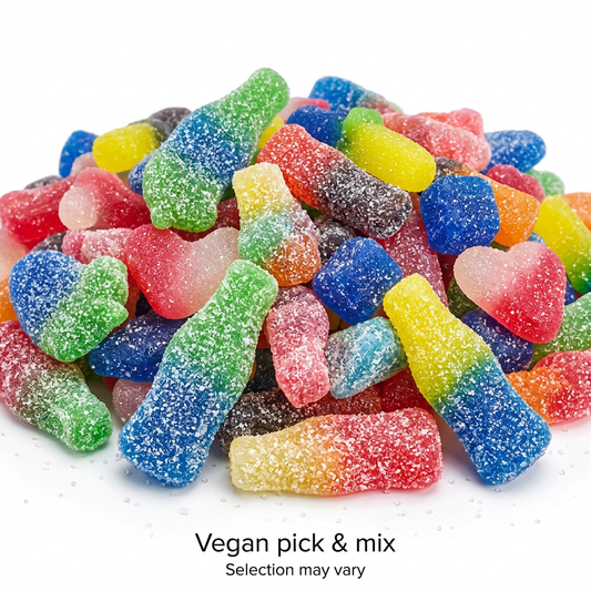 Illustrative close-up of colourful sugar-coated vegan pick and mix sweets; selection may vary.