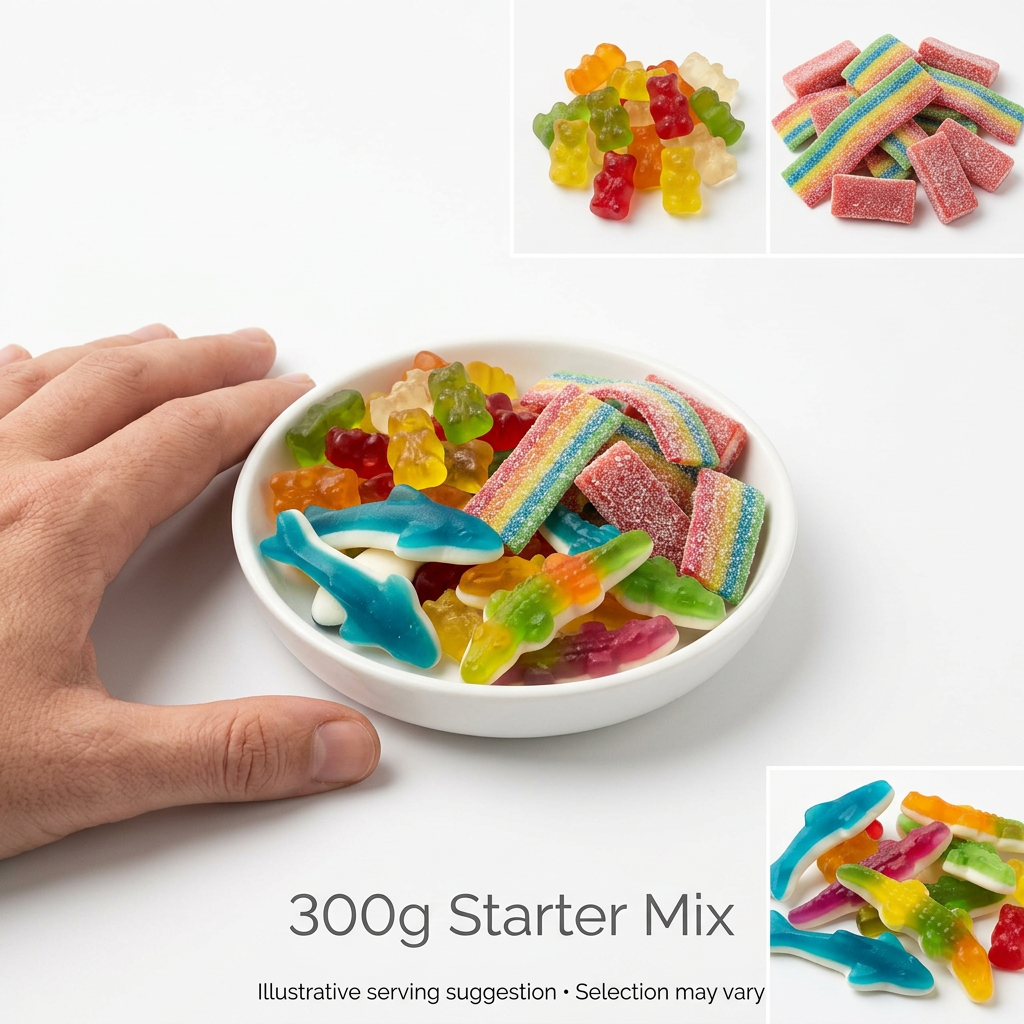 Illustrative Starter Mix serving beside an adult hand with sweet detail insets; not a measured portion.