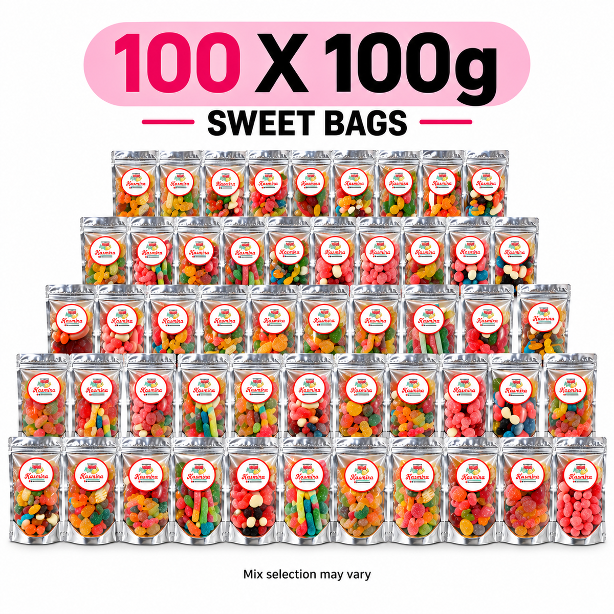 Kasmira Sweets bulk bundle graphic for 100 x 100g sweet bags; mix selection may vary