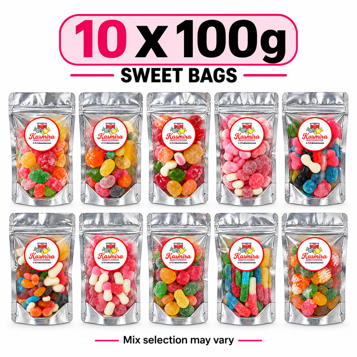 Kasmira Sweets bulk bundle of 10 x 100g sweet bags; mix selection may vary