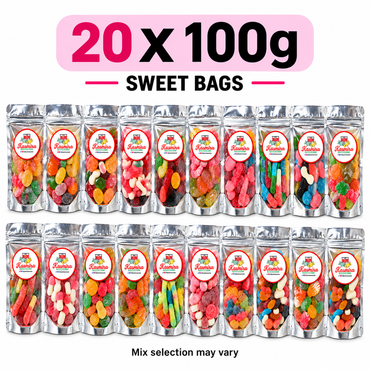 Kasmira Sweets bulk bundle of 20 x 100g sweet bags; mix selection may vary