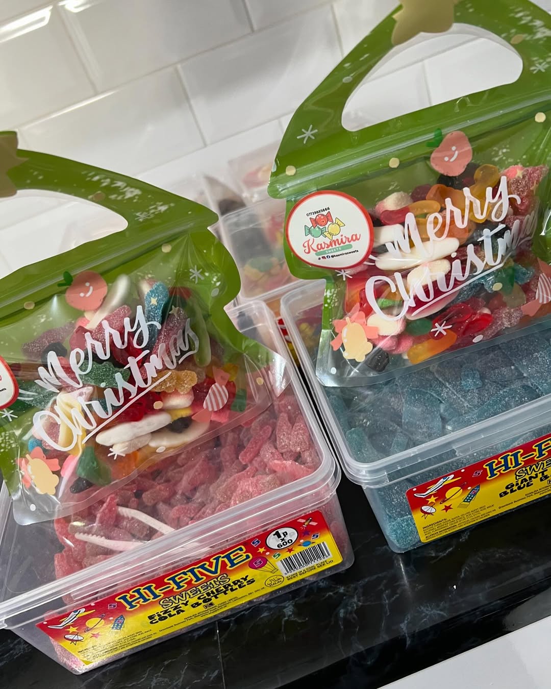 Kasmira Sweets Christmas pick and mix in green festive gift bags