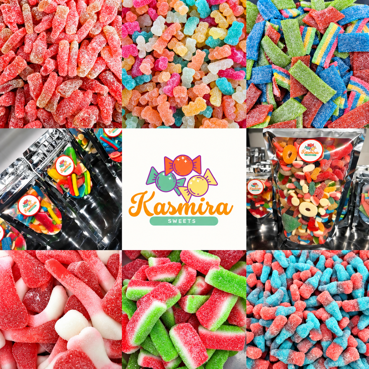 Kasmira Sweets collage showing fizzy sweet favourites and packed pick and mix bags