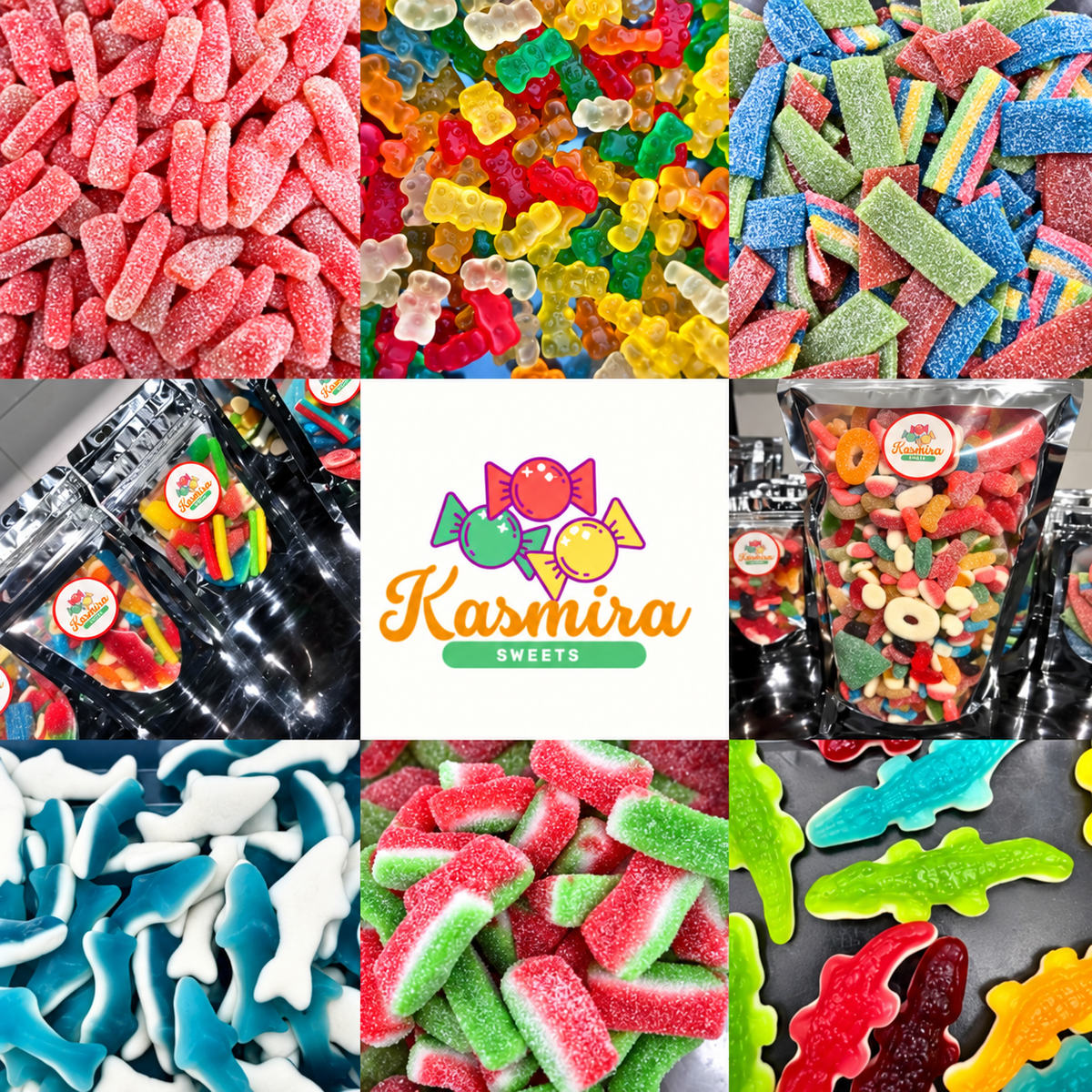 Kasmira Sweets collage of colourful jelly and fizzy pick and mix favourites