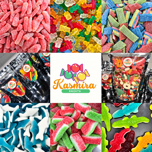 Kasmira Sweets collage of colourful jelly and fizzy pick and mix favourites