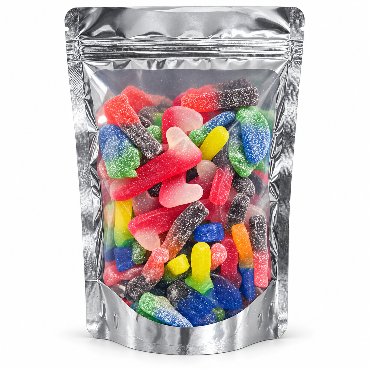 Colourful fizzy sweets in a silver resealable vegan pick and mix pouch