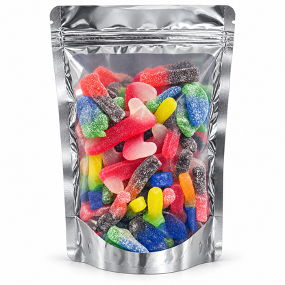 Colourful fizzy sweets in a silver resealable vegan pick and mix pouch