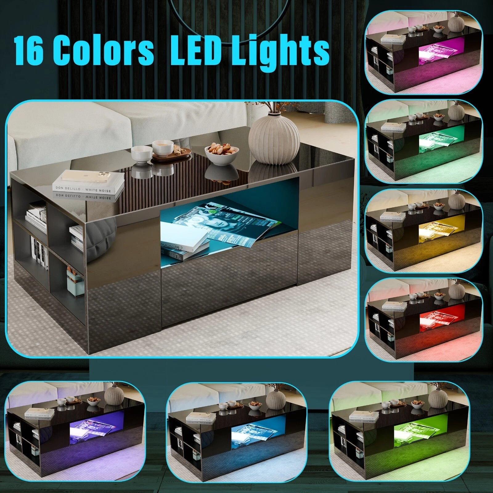 Modern LED coffee table with storage and high gloss finish